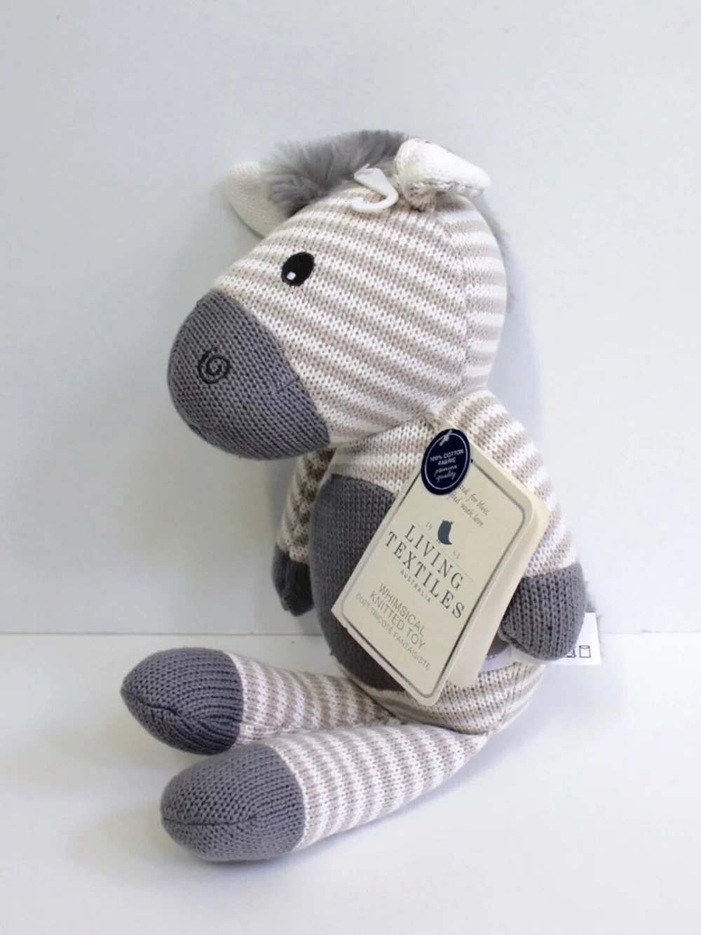 Living Textiles Australia Zac Zebra Whimsical Knit Plush Toy Lovey Rattle Doll
